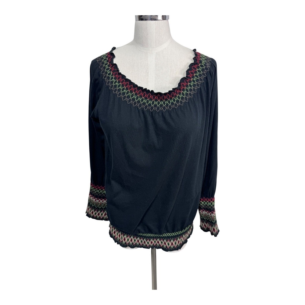 RXB Black Smocked Embroidered Long Sleeve Boho Off Shoulder‎ Peasant Top Size S
